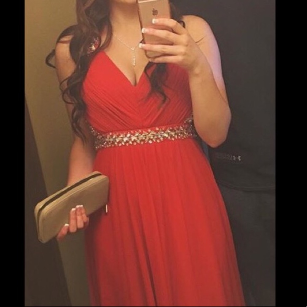 Beautiful, elegant red prom dress.